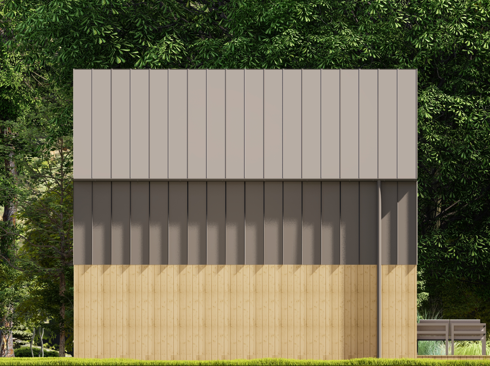 Boczna, drewniana ściana domu bez okien z dachem z blachy