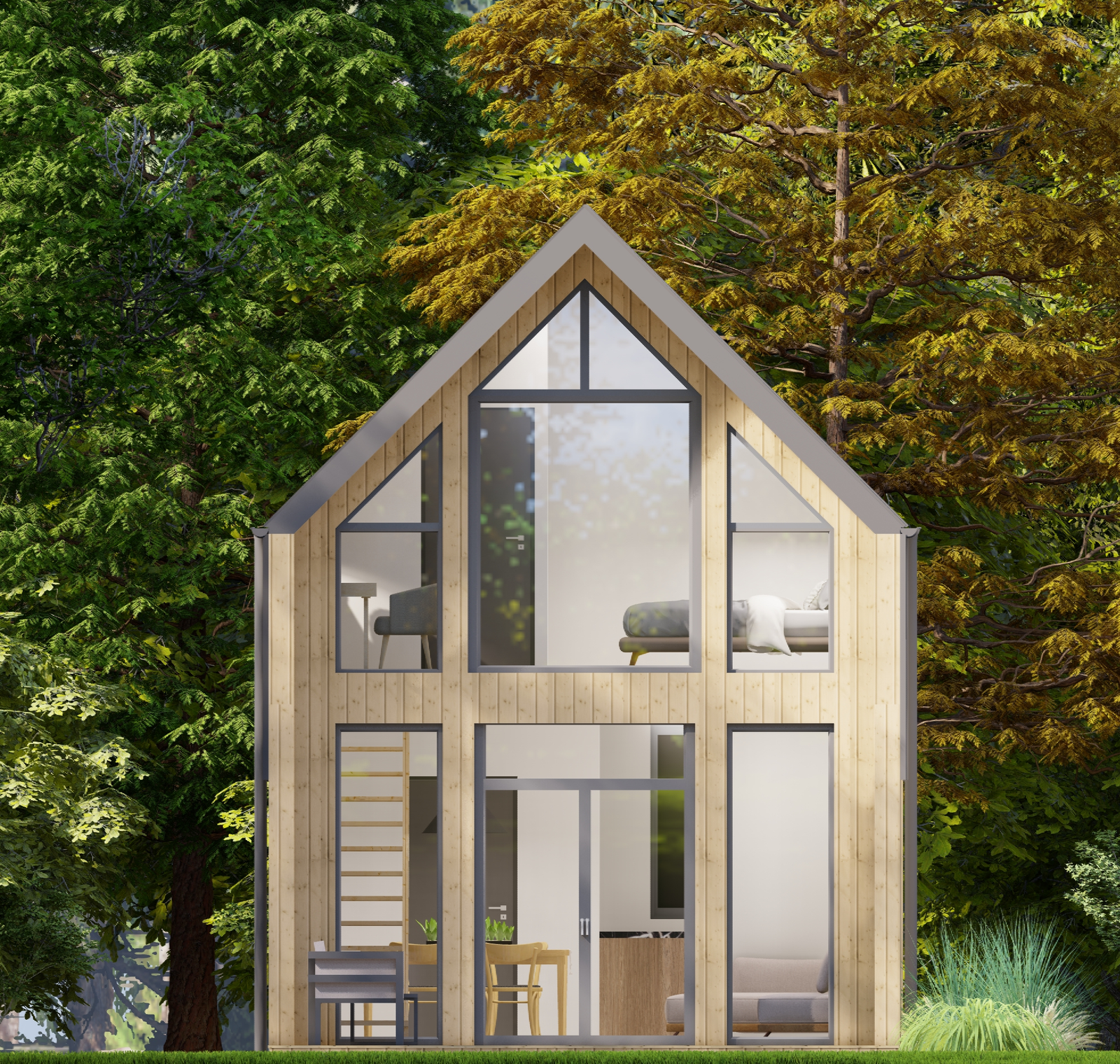 Tylna część domu z oknami na całej powierzchni, przez które widać wnętrze domu