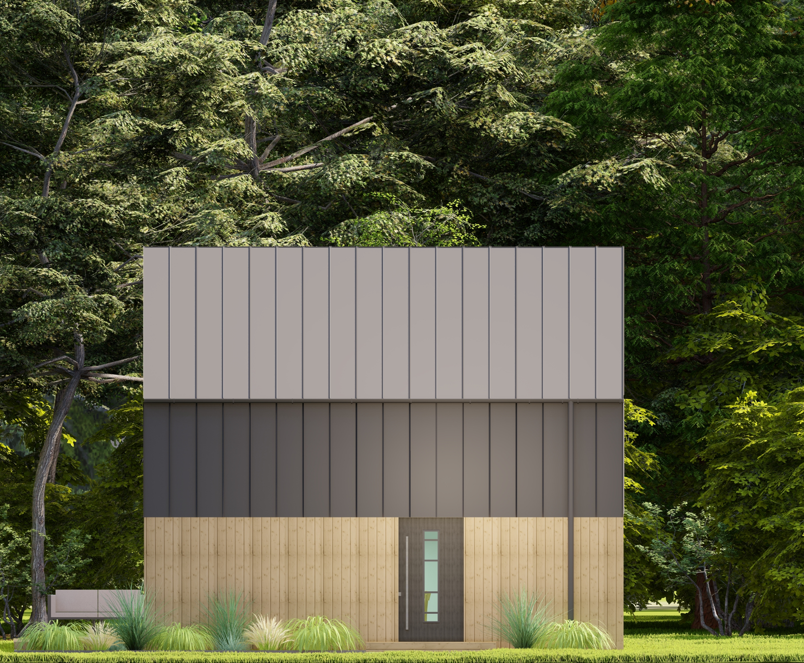 Przednia część domu, bez okien, z drzwiami wejściowymi, drewnianą ścianą i blaszanym dachem